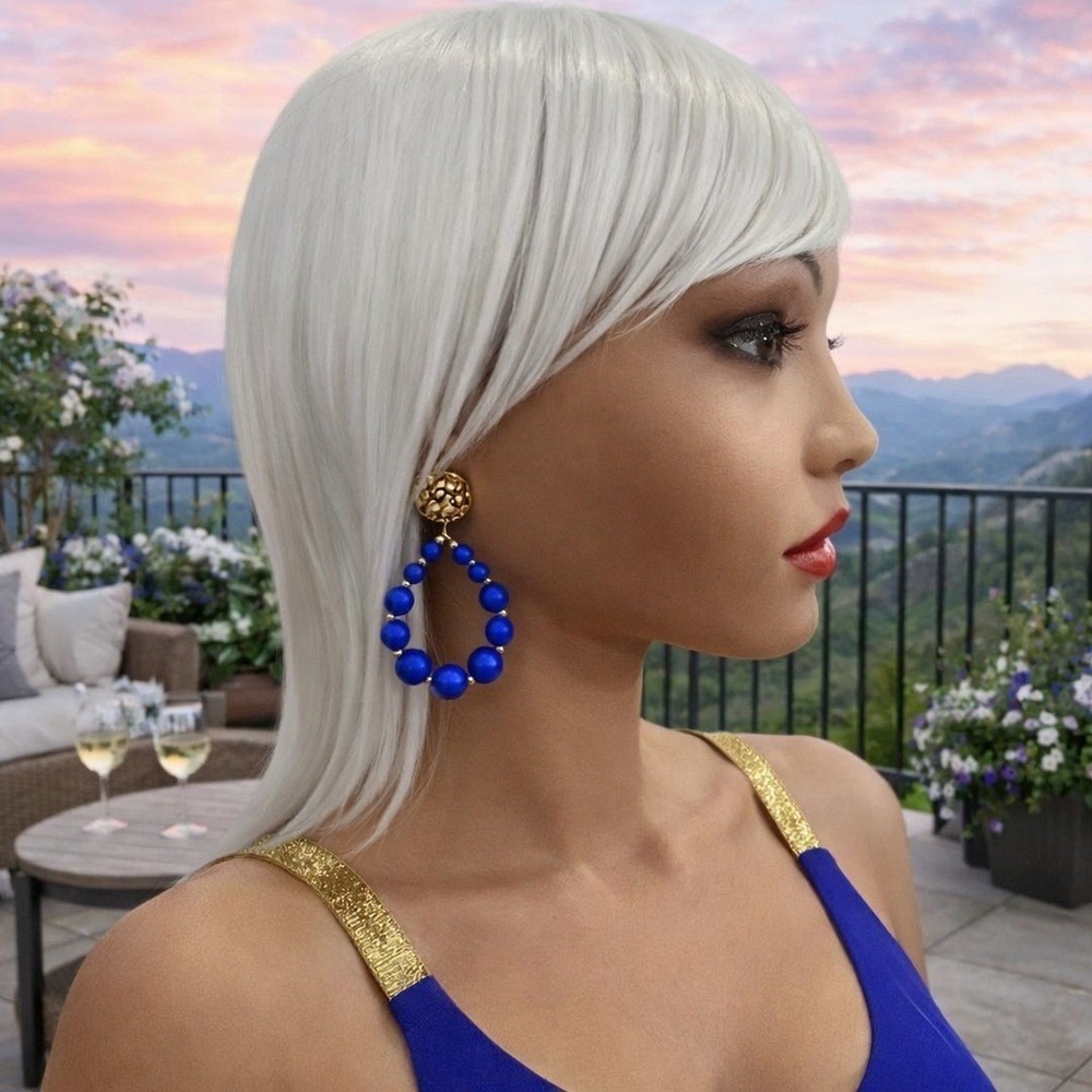 Cobalt Blue Beaded Hoop Drop Earrings Gold Tone Textured Stud Statement Jewelry